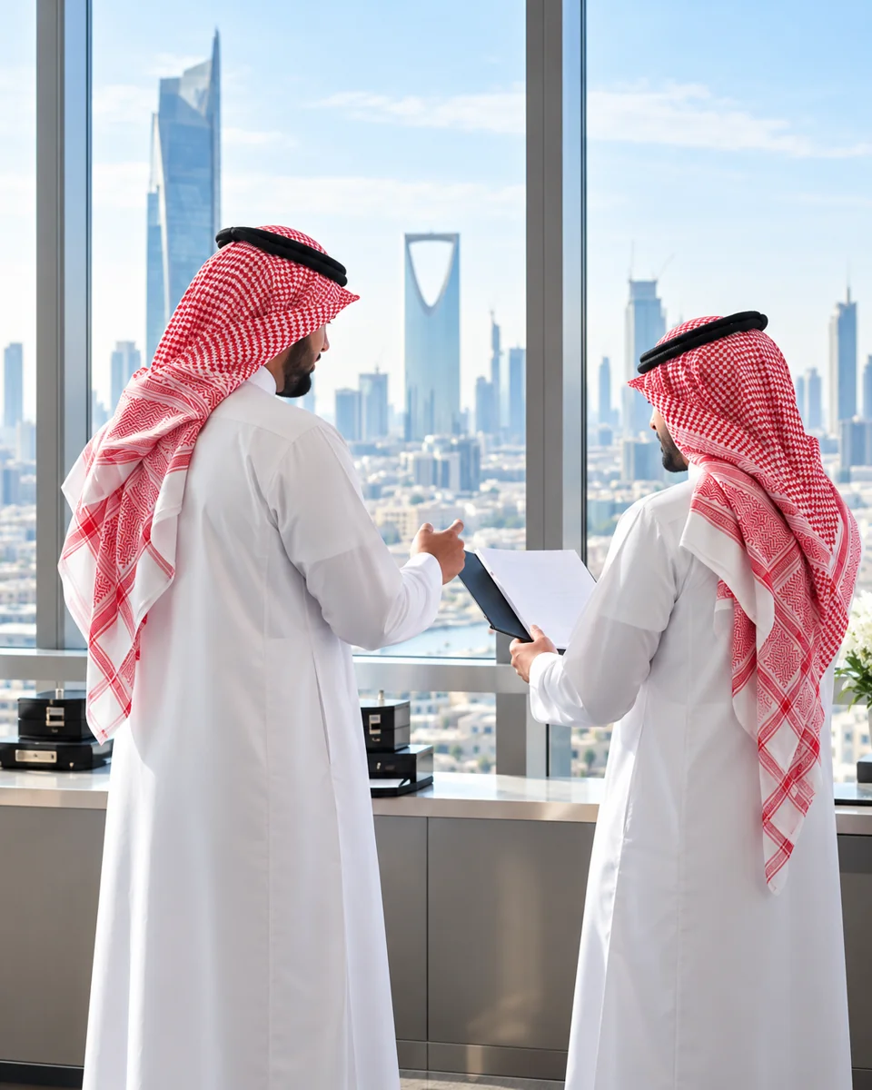 صورة تعبيرية لرجلَي أعمال سعوديين يراجعان ملفًا في مكتب